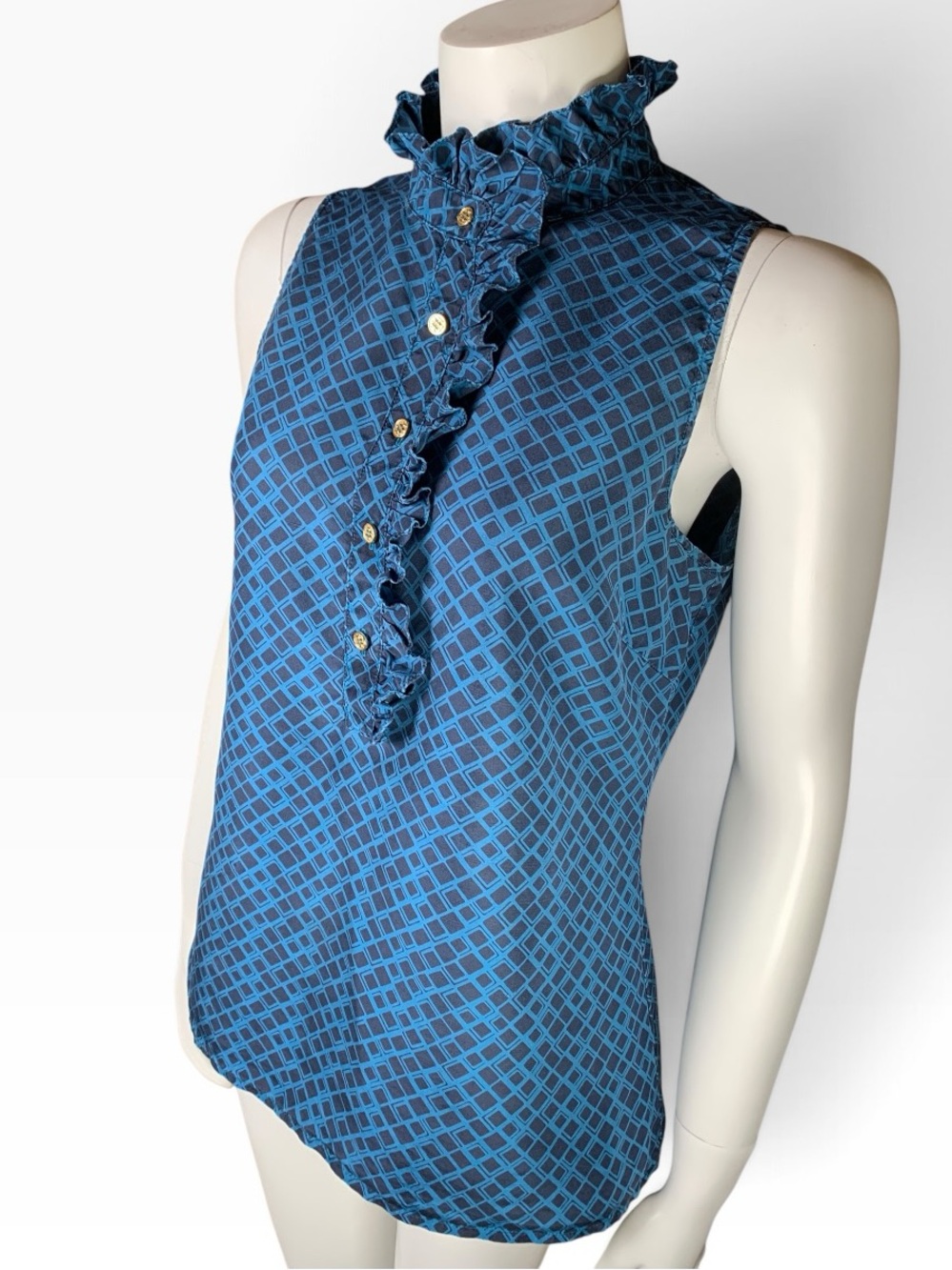Tory Burch 100% Silk Geometric Ruffle Blouse Size 10 Blue